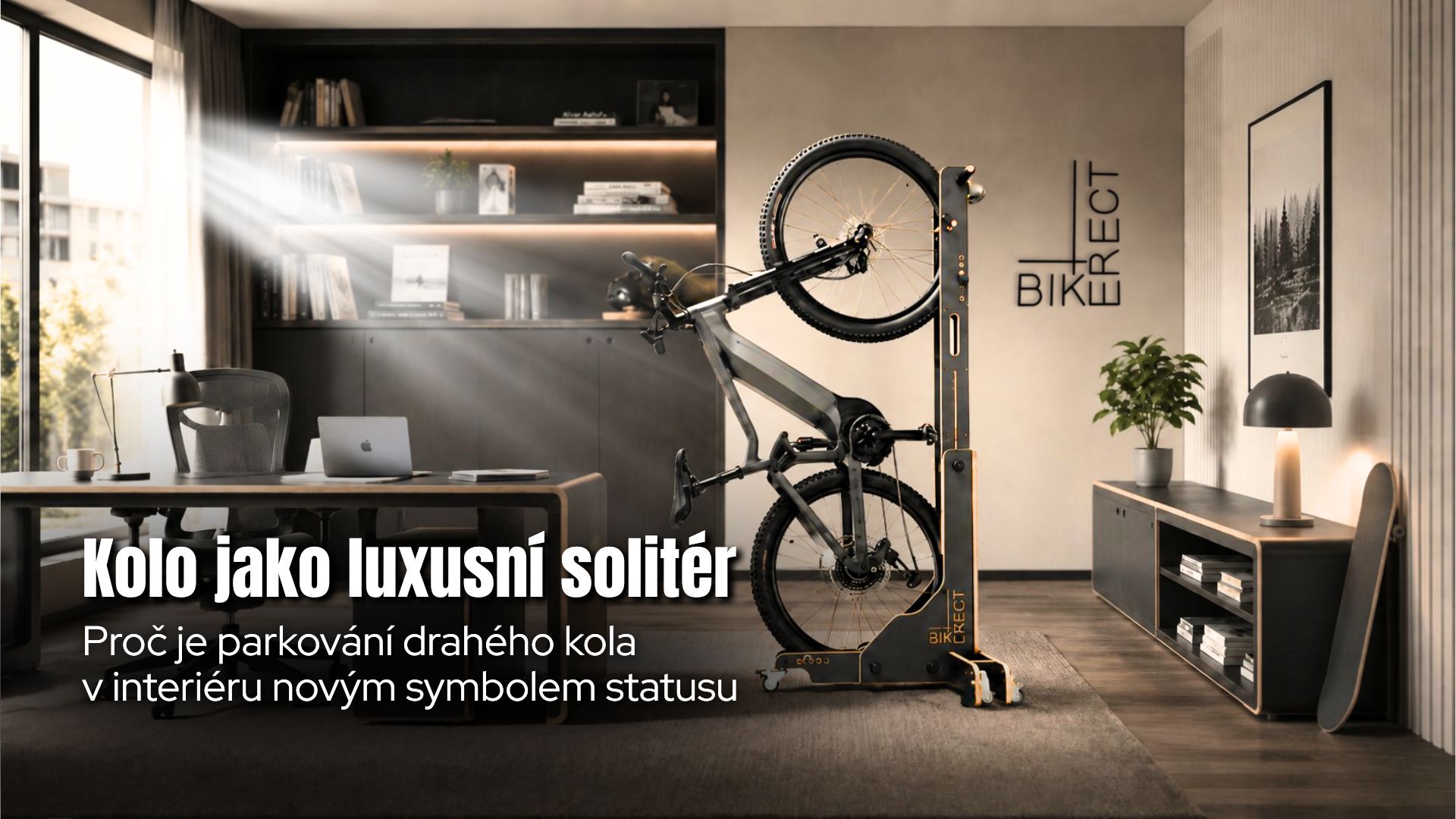Elektrokolo ve svislé poloze ve stojanu BIKERECT v moderní kanceláři vybavené dřevěným nábytkem z prémiové překližky .