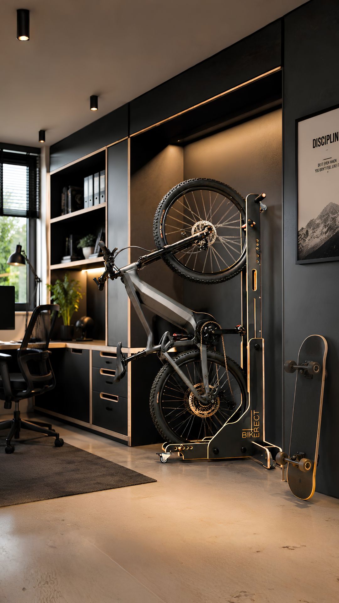 Elektrokolo ve svislé poloze ve stojanu BIKERECT v moderně a elegantně zařízeném pokoji mladého muže.